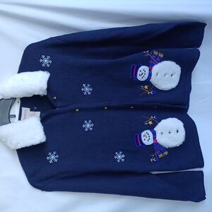 Crystal Kobe Winter Sz L Cardigan Snowmen, Snowflakes, Fur Collar, 22" PTP, 25"L